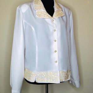 Perlita Button-Down Embroidered Blouse, White Top